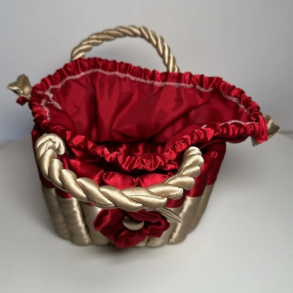 80s SATIN FLOWER BASKET cupcake purse twisted handle tie top bridal flower girl